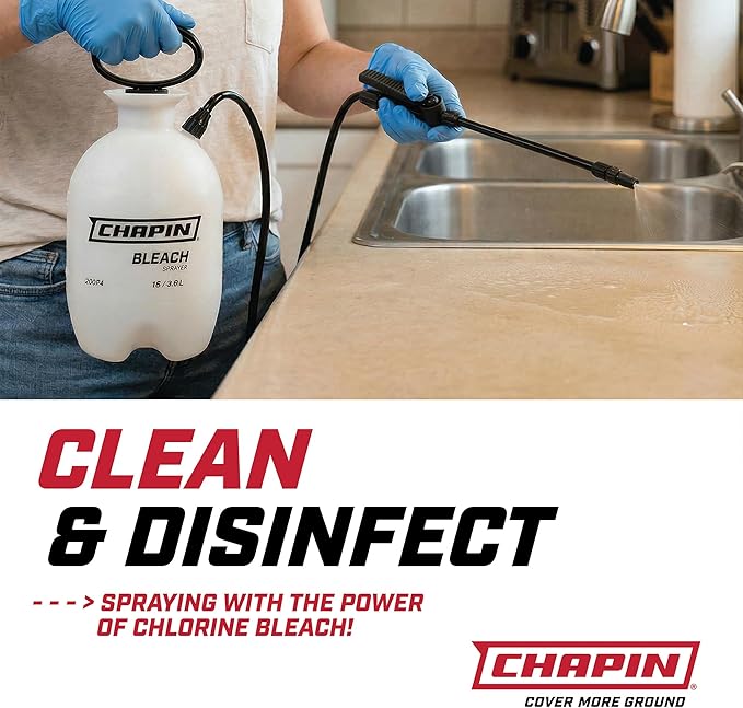 Chapin 22074 Bleach Pump Sprayer, 2‑Gallon, Lawn & Garden, Bleach‑Resistant Poly Tank, Funnel‑Top, Anti‑Clog Filter, Adjustable Cone Nozzle, 40" Hose for Cleaning, Mold & Disinfecting Applications