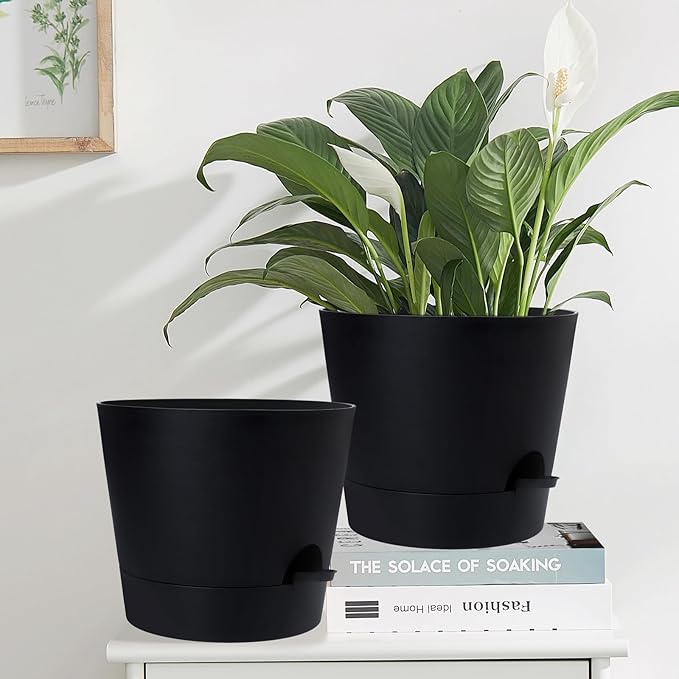 YNNICO 12 Inches Indoor Self Watering Planters with Drainage Holes and Saucers, 4 Pack (Black)