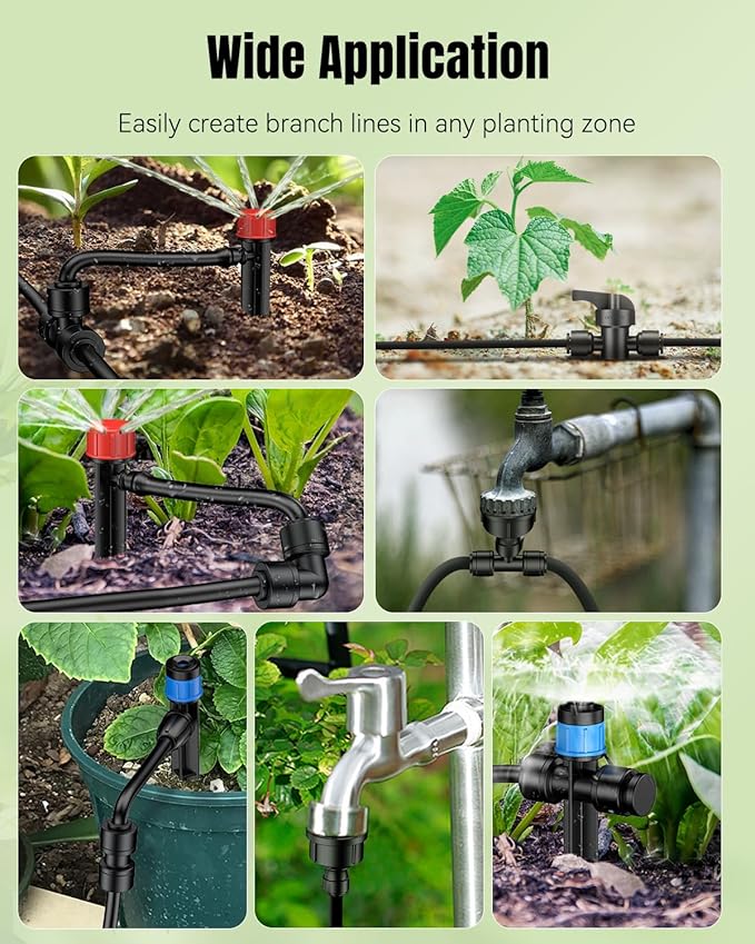 Pawfly 44 Pcs Quick Connect Drip Irrigation Fittings Kit for 1/4" Tubing, Push-to-Fit Drip Line Connectors Set with 10 Tees 10 Couplings 10 Elbows 10 End Plugs 2 Shut Off Valves & 2 Faucet Adapters