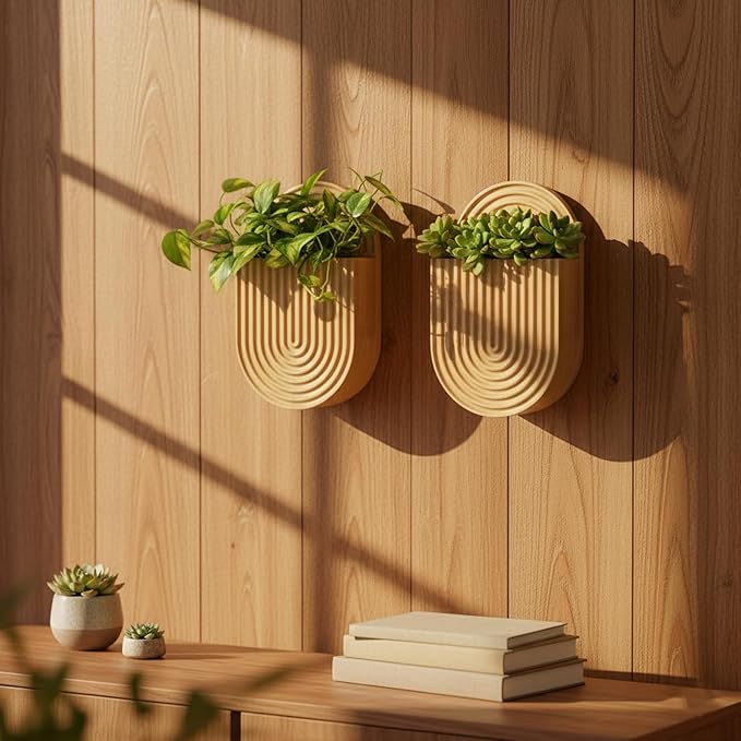 Aimto Wooden Wall Vase Set of 2, Bamboo Boho Wall Decor Planters Holder for Indoor Plants, for Entryway, Hallway, Bathroom, Living Room, Dining Room