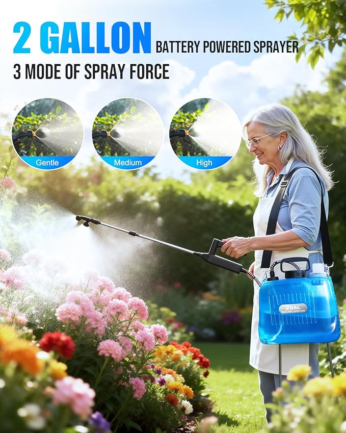 Battery Powered Sprayer 2 Gallon, Electric Weed Sprayer with 3 Adjustable Pressure Levels, 4 Nozzles & Extendable Wand, Rechargeable Garden Sprayer for Yard, Lawn, Plants & Fertilizer