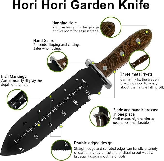 Garden Trowel Hand Shovel for Gardening, Hori Hori Garden Knife for Weeding Planting Digging | 7" Stainless Steel Blade | Oxford Sheath | Walnut Wood Handle