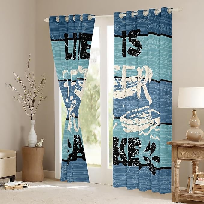 Feelyou Blue Lake House Window Treatments Camping House Window Drapes for Kids Boys Girls Farmhouse Wooden Stripes Curtains Soft Blackout Curtain 38W X 54L,2 Panels