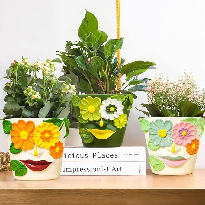 GUGUGO 8 Inch Large Flower Face Planters, Abstract Unique Head Plant Pot with Drainage, Rainbow Colorful Cute Flower Plant Pots for Indoor Plants, Funny Gardening Pot Gift Home Décor, Blue&Pink