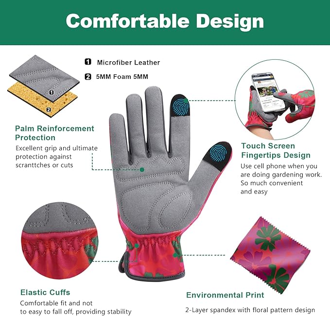 KDK Gardening Gloves for Women, Flexible Breathable Garden Gloves, Leather Working Gloves for Weeding, Digging and Pruning (S-Daisy)