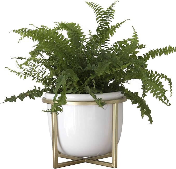 LA JOLIE MUSE Ceramic Flower Plant Pot with Stand - 6.7 Inch White Indoor Planter Pot with Gold Metal Stand for Herbs Orchids Cacti Succulents