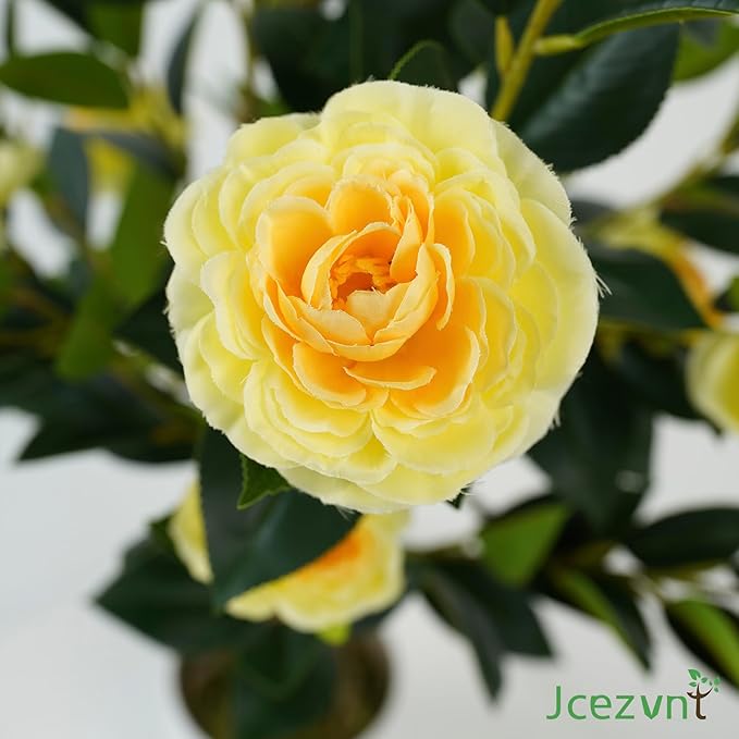 2 Pack Artificial Camellia Tree with White Pot, 38" Faux Potted Plants for Indoor Outdoor Decor, Tall Silk Greenery Plant for Home Offce Living Room Balcony, Yellow