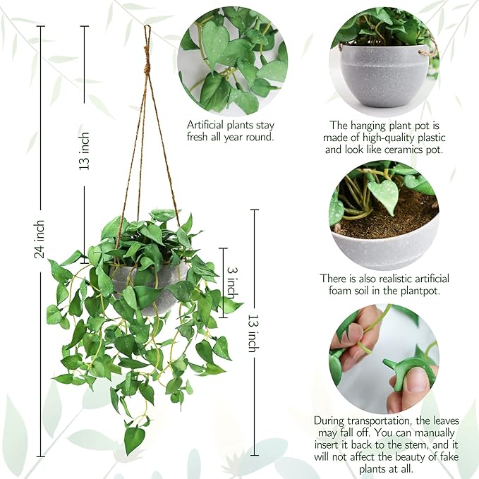 TNNTOPELE Hanging Plant Fake Plants with Pots, 2 Pack Artificial Plants, Faux Anthurium Leaf Basket for Wall Home Room Indoor Outdoor Decor
