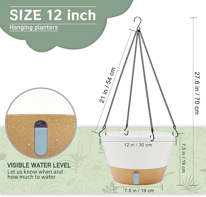 ZMTECH 2 Pack 12 Inch Hanging Planters for Indoor Plants, Large White Self Watering Hanging Planter with Visible Water Level & Removable Tray, Decorative Flower Pots for Outdoor Garden
