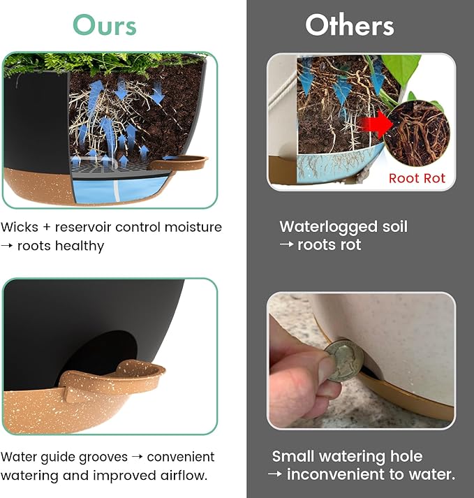 UOUZ 13 Inch 2 Pack Large Self Watering Hanging Planters for Indoor Outdoor Plants, Hanging Plant Pots with Removable 50 Oz Reservoir, Plastic Hanging Basket for Window Porch Garden, Black with Brown