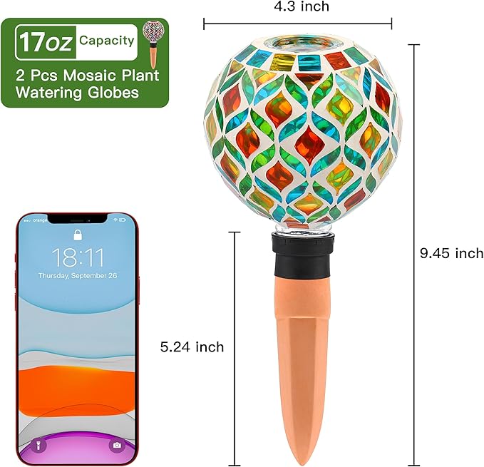 VOREEN Mosaic Plant Watering Globes with Terracotta Spikes, Decorative Glass Watering Globes for Potted Plants, Garden Accent & Thoughtful Gift, Set of 2