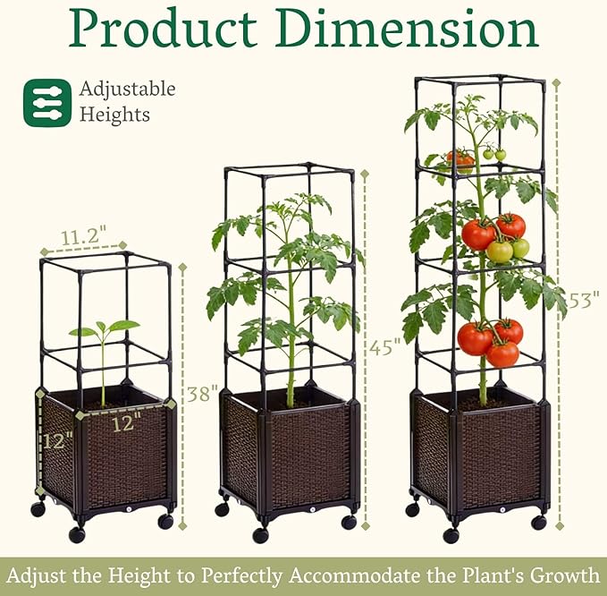 Raised Garden Bed Planter Box with Trellis | Self-Watering Tomato Planter with Wheels for Climbing Plants & Vegetable | Vertical Gardening Tomato Pot with Tomato Cage Indoor Outdoor Patio Greenhouse