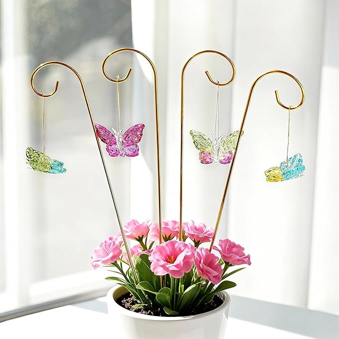 HDCRYSTALGIFTS 4 Pack Blown Glass Butterfly Decorative Garden Stakes,Colorful Butterflies with 13.5'' Tall Gold Plant Stakes for Outdoor Lawn Porch Pathway Patio Plant Pot Flower Bed