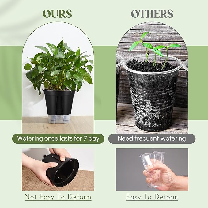 Wonderjune Self Watering Pots for Indoor Plants with Deep Reservoir and High Drainage Holes for Outdoor Plants and Flowers, Bare Root Planter(4.72'', 5.91'', 7.09'',Black,9 Pcs)