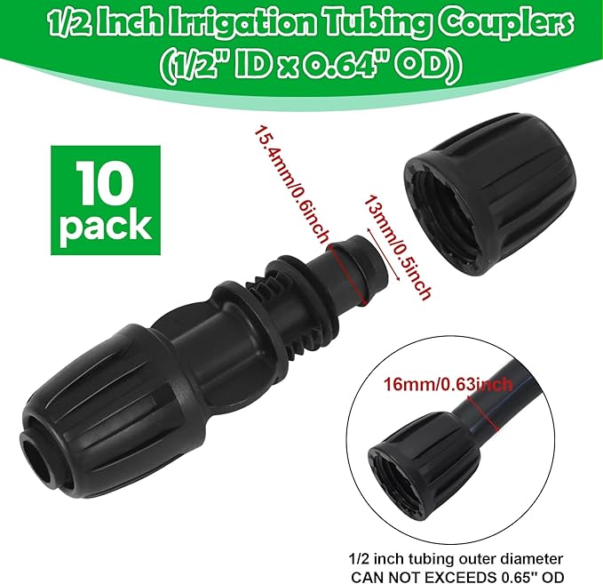 10 Pack 1/2 Inch Drip Irrigation Coupling Fittings (1/2" ID x 0.65" OD) - 1/2'' Drip Line Anti-Drop Barbed Lock Nut Coupler Connectors for 1/2 Inch Drip Irrigation Tubing Irrigation System