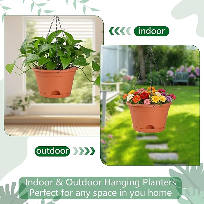 Nooulap 4 Pack Hanging Planters, 10 Inch Hanging Plant Pot with Hanger Chain & Drainage Trays, Hanging Baskets for Plants Outdoor Indoor, Plastic Flowers Pots for Home, Garden Decor (Red)