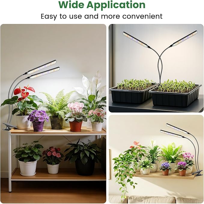 Kullinss Black Grow Light, 2-Head Plant Lights for Indoor Growing with 6/12/16H Timer, 3 Color Modes, 5 Dimmable Levels, 114 LEDs Full Spectrum Clamp Grow Lamp for Indoor Plants, Herbs, Seedlings
