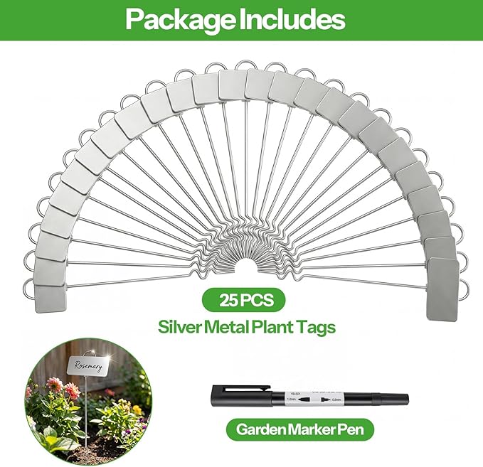 25-Pack Metal Plant Labels Plant Tags Stainless Steel Garden Waterproof Markers for Outdoor vetgetable Seeding Flowers (Single-Foot)