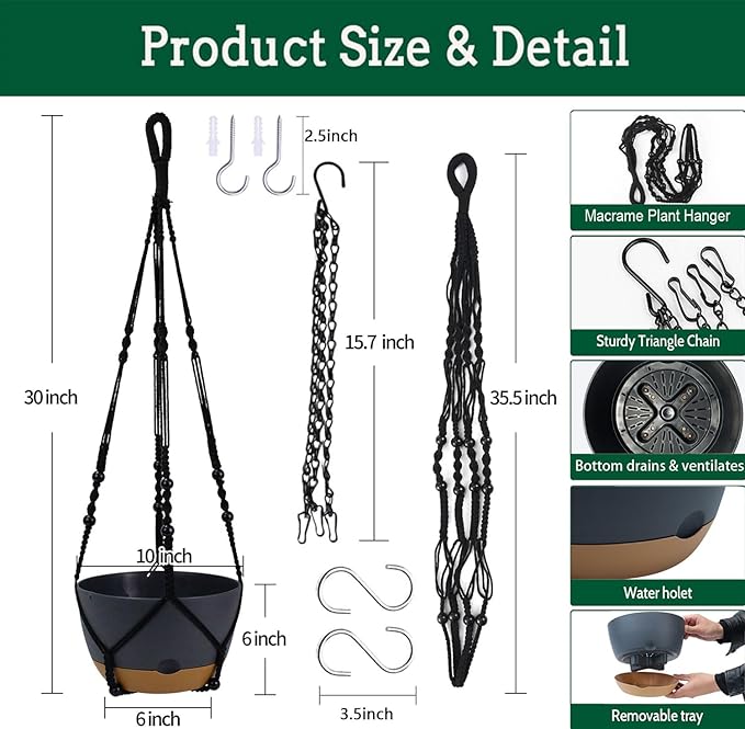 Koalaime 2 Pack Hanging Planters Set,10 Inch Indoor Outdoor Hanging Plant Pot Basket,Hanging Flower Pot with Drainage Hole with 3 Hooks for Garden Home… (Black Hanger Black Planters)