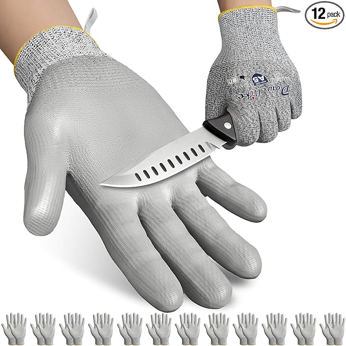 Dowellife Cut Resistant Work Gloves for Men & Women - ANSI A5 & EN388 Level 4, Breathable PU Coated, Grey Non-Marking - for Gardening, Fishing, Automotive, Construction, Wood Carving (Large, Grey)