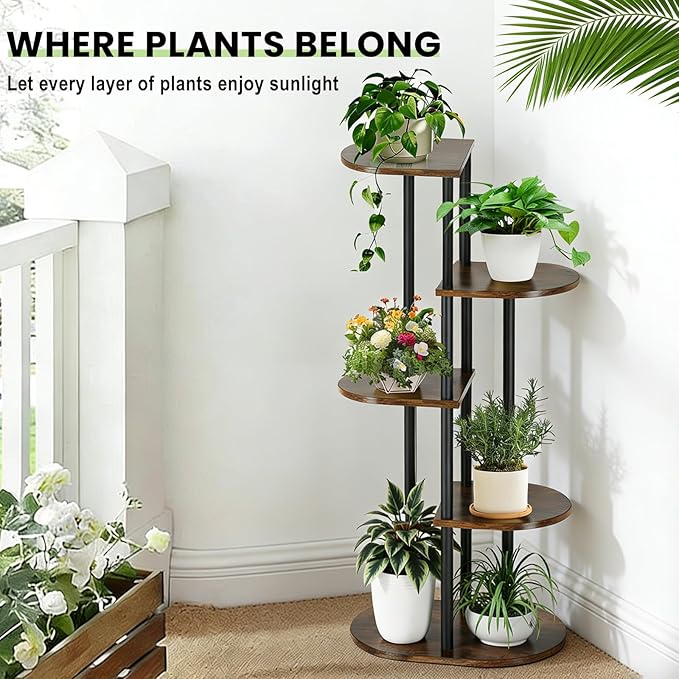 Tiered Plant Stand Indoor, Tall 5 Tier 6 Potted Wooden Plant Shelf for Multiple Flower Plants, Multi Corner Metal Plant Holder Indoor for Patio Garden Patent Design Living Room Balcony Bedroom, Rustic Brown