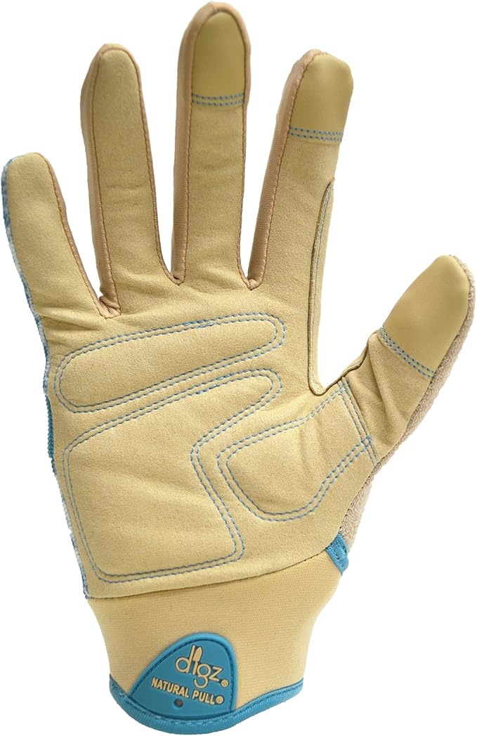 Digz Large Gardening Gloves for Women High Performance Thorn Proof Touchscreen Fingertips Reinforced Palm and Knuckle Padding Blue Leaves Pattern, 7607-23