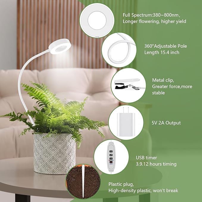 Pot Clip on Grow Lights for Indoor Plants Full Spectrum,LED Plant Lights for Indoor Growing,10-Level Dimmable & Timer,Adjustable Gooseneck Plant Grow Light for Small Plant,Succulents,White 1 Pack