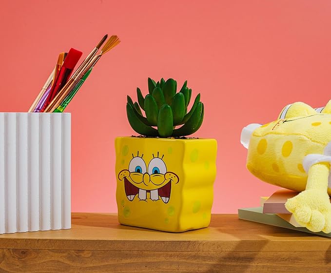 Silver Buffalo Nickelodeon Spongebob Squarepants Face 3-Inch Ceramic Mini Planter with Artificial Succulent | Flower Pot, Faux Indoor Plants