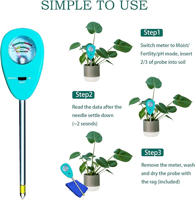 3-in-1 Soil Moisture PH&Moisture&Nutrients Meter and Tester, Upgraded Sturdy Probe for Garden, Lawn, Farm, Indoor & Outdoor Use,No Battery Required (w/rag)