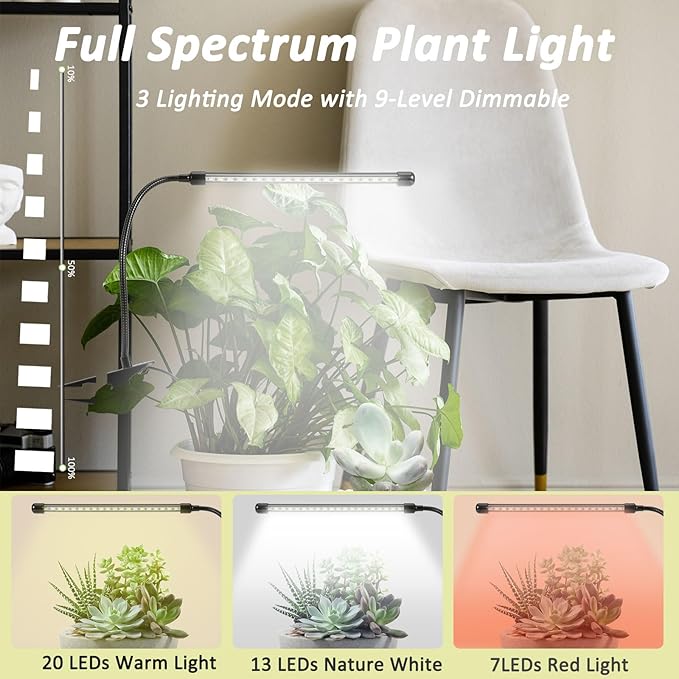 Clip On Grow Light for Indoor Plants,Full Spectrum Led Plant Grow Lights with Auto-Timer, Plant Growing Lamp for Seed Starting,Houseplants, Bonsai, Pot Plant,2 Lamps(2pack)
