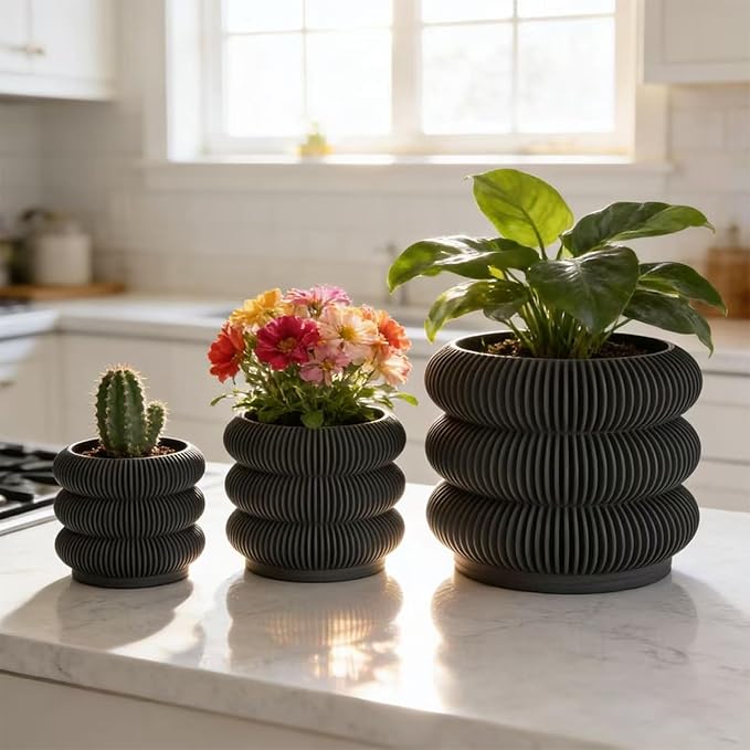 Fabix 4.7/6/8" 3D Printed Plant Pots - Unique Bubble Ring Modern Planters for Indoor Plants, Durableo-Friendly PLA Flower Pots with Drainage for Succulents, Cactus, Home Office Décor. (Black)