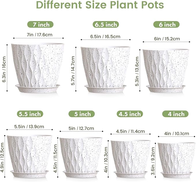 Meowell 7/6.5/6/5.5/5/4.5/4 inch Plant Pots for Indoor Outdoor Plants, 7 Pack Thick Flower Pots with Drainage Holes and Saucers, Modern Wave Texture Plastic Planters Nursery Pots, Speckled White