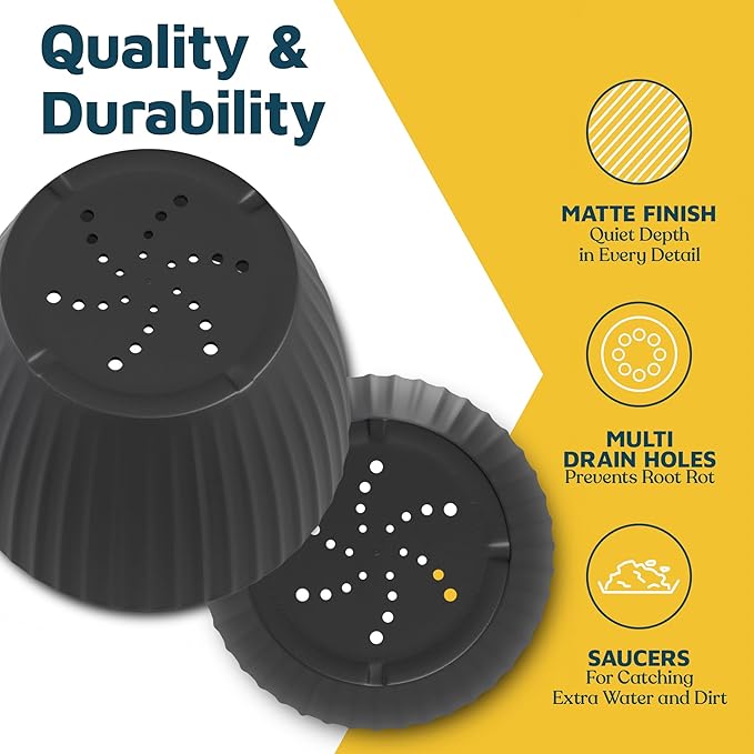 Black 6-Inch Plant Pots with Drainage & Saucers 6 Pack, Indoor & Outdoor Planters for Houseplants, Herbs, and Flowers, Durable & Weatherproof Material, Stackable, Lightweight, Minimalist Design