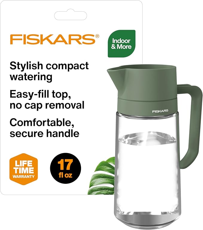 Fiskars Glass Watering Can for Indoor Plants, Small Pitcher for Succulents & Herbs, Easy Fill Top Design and Mess Free Pouring with Narrow Spout for House Plants, Modern Decor Style, 17 oz, Clear