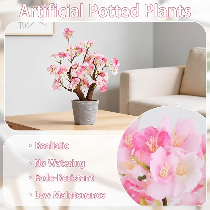 TOARTi Artificial Pink Cherry Blossom Potted Plant with Pot, 9.8" Tall Fake Flowers Faux Plant Desk Decor, Realistic Decorative Plants Indoor Decor for for Home Bedroom Bathroom Office Desk