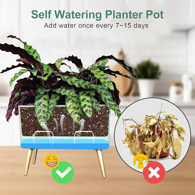 Oliz 13.5 Inch Planter Pot with Metal Craft Legs, Self Watering Planter Pots with Water Shortage Alarm Plant Pot for Indoor Outdoor Decorative Succulents Herb (B- Green)