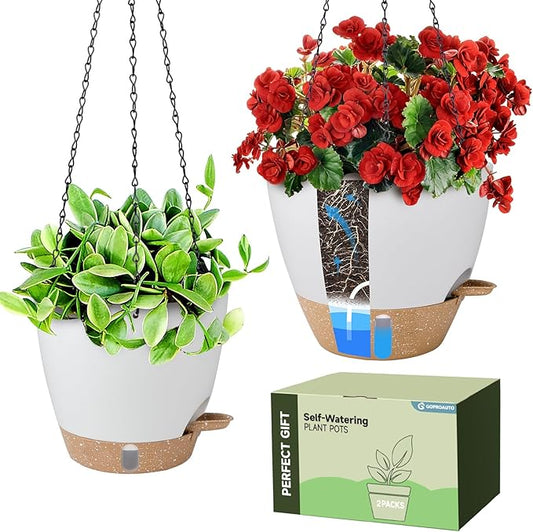 Self-Watering Hanging Planters with Water Level Window, 8/10 Inch Indoor Outdoor Hanging Plant Pots Includes Chain Hangers with Drainage Holes & Detachable Reservoir (White, 8+10 inch)