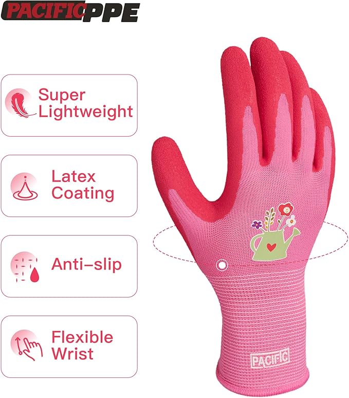 PACIFIC PPE 6 Pairs Gardening Gloves for women, Latex Coated Garden Gloves, Breathable, Medium Size fits Most, Rose Red