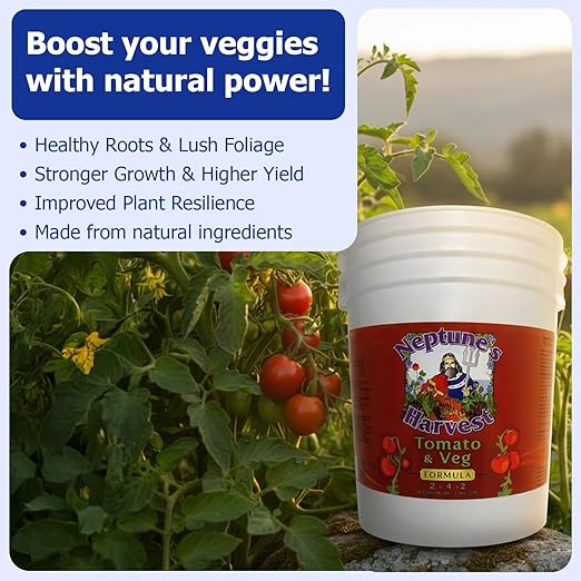 Neptune’s Harvest Organic Tomato & Vegetable Plant Fertilizer (2-4-2) - Liquid Plant Food w/Fresh Fish, Seaweed, Molasses, Yucca Extract, & Humic Acids - for Vegetable Garden (5 Gallon Pail)