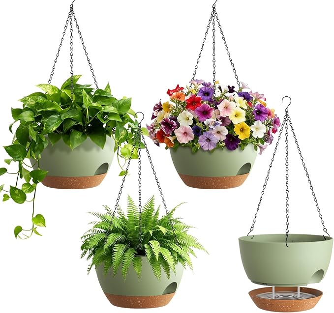 UOUZ 4 Pack 8 Inch Self Watering Hanging Planters for Indoor Outdoor Plants，Hanging Pots for Plants with Drainage Removable Tray, Hanging Baskets Flower Pots for Pothos Spider Garden Green with Brown