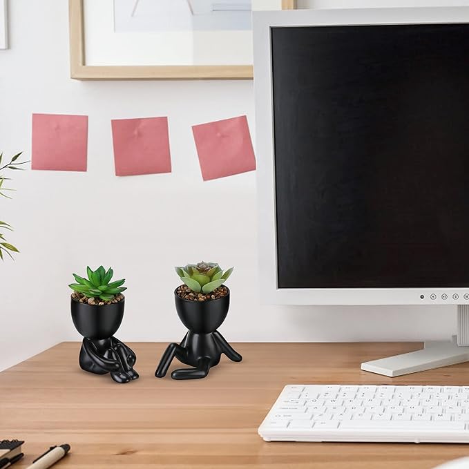 Fake Succulent, Mini Succulents Plants Artificial in Black Modern Human Shaped Ceramic Pots Desk Decor Desk Plant for Office Decor for Women, Cute Fake Plants Bathroom Decor 2PCS