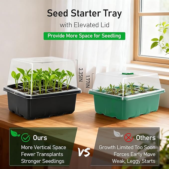 MIXC Seed Starter Tray with Elevated Lid, 120 Cells Seed Starter Kit with Adjustable Humidity Dome, Drainage Hole, Clear Heightened Lids for Indoor Outdoor Greenhouse Gardens, 10 Pack, Black