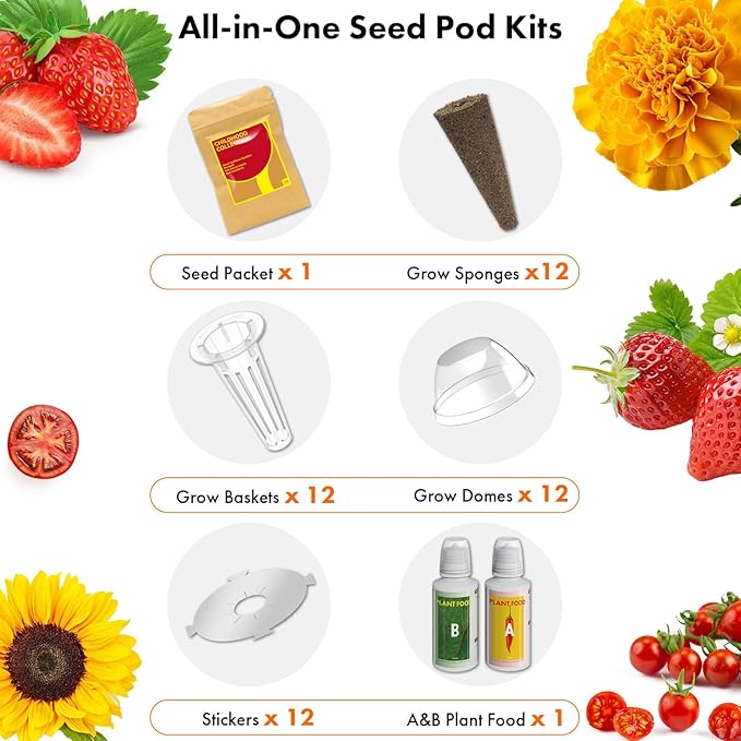 LYKOCLEAN Flower Fruit Seed Pods for AeroGarden, Ahopegarden, iDOO Hydroponics Growing System Indoor, 350 Seeds Including Dwarf Sunflower Bambino, French Marigold, Red Tomato, Red Strawberry (12-Pods)