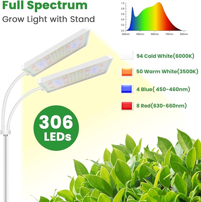Wiaxulay Grow Lights for Indoor Plants, 306 LED Full Spectrum Plant Light with Stand, Height Adjustable 24-68 in for Growing Large Tall Plants, 4/8/12/16H Timer,3 Lighting Modes,5 Brightness (2 Heads)