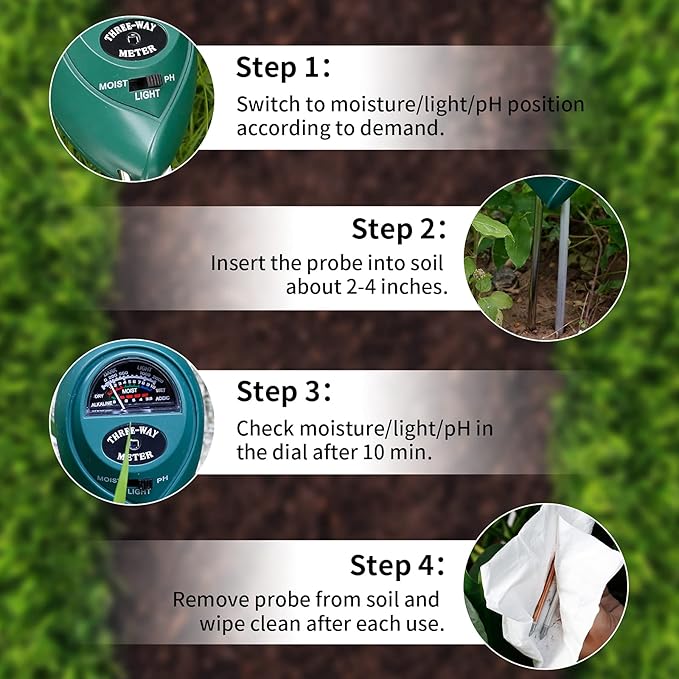 MEASUREMAN 3-in-1 Soil Tester with Moisture/Light/pH Test for Plants, Gardening Tool for Indoor & Outdoor, Great for Gardens, Lawn, Farms, Balcony, No Batteries Required