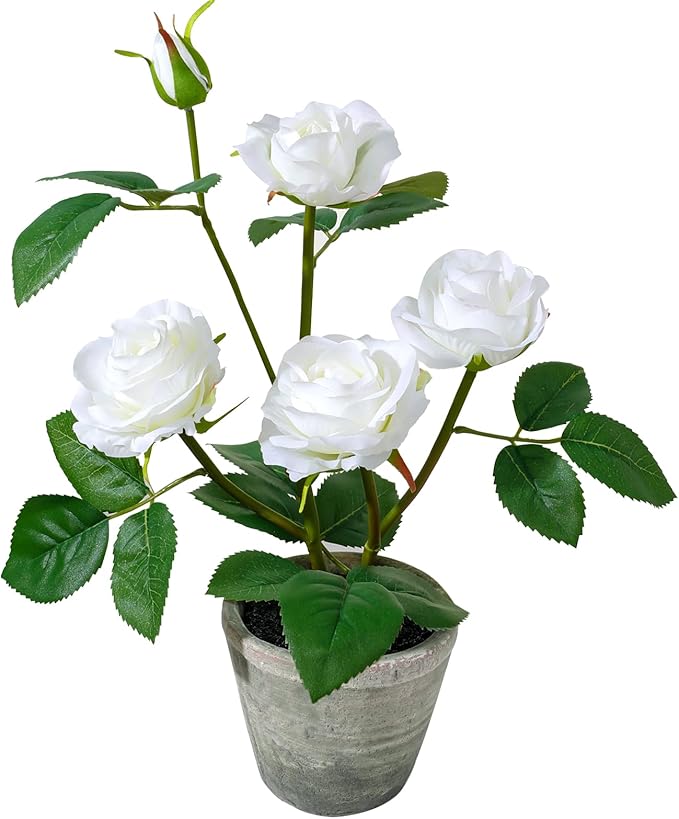 Rose in Pot Decor Potted Artificial Flowers Mini Plants Faux Flowers Indoor Small Decor Fake Roses for Home, Bathroom, Kitchen, Offices, Wedding Party Centerpieces (Rose White)