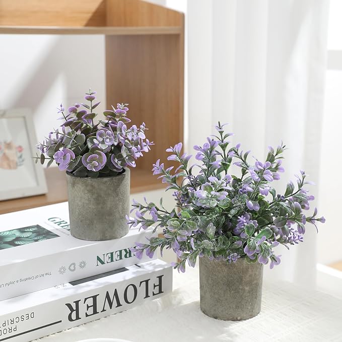 3 Pack Mini Purple Potted Fake Plants Artificial Plastic Indoor Eucalyptus Plants for Home, Office, Desk, Bathroom, Coffee Table & Shelf