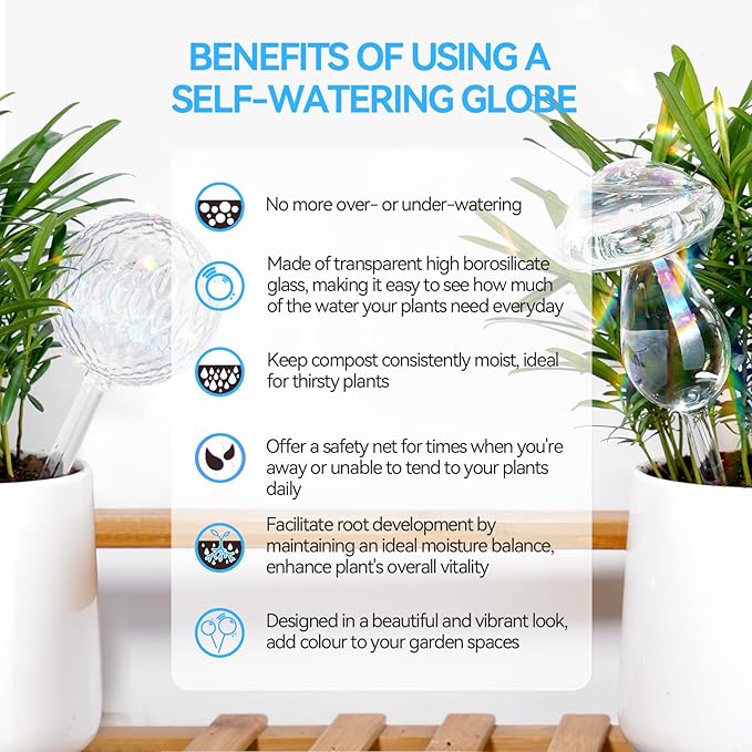 FLORA GUARD Plant Watering Globes, 4-PCS Glass Self Watering Planter Insert, Mushroom Rhombus Patterned Water Globes, Automatic Plant Waterer Bulbs Devices