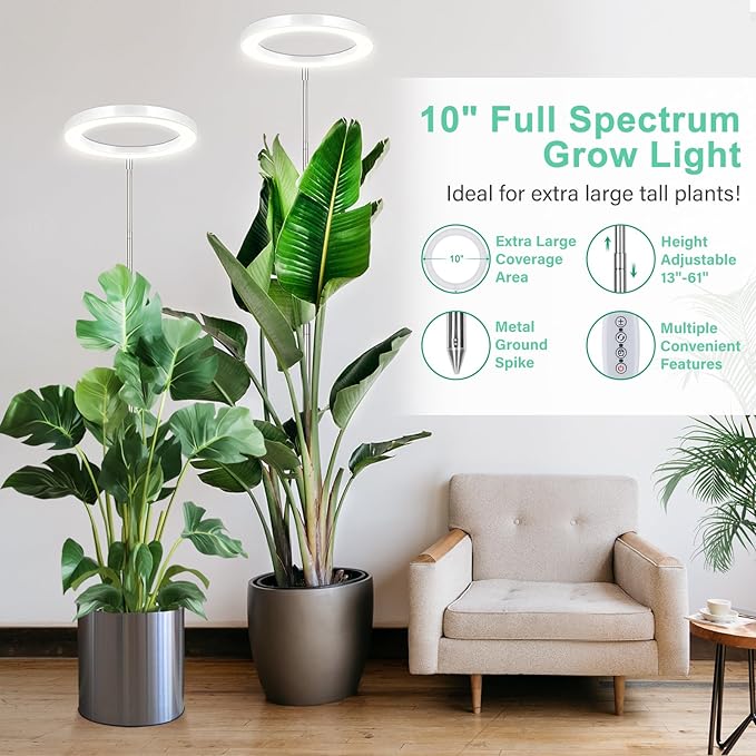 LORDEM 10" Grow Light for Indoor Plants, Full Spectrum Plant Lamp with160 LEDs, 4H/8H/12H Timer, 6 Dimmable Levels, 3 Spectrum Modes, Height Adjustable 65", Ideal for Large Tall Plants, Pack of 2 Pack