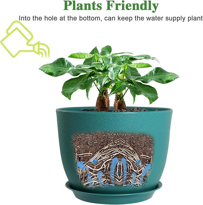 UOUZ 12/10/9 Large Modern Plant Pots, Plastic Planters with Drainage Holes and Saucers for Indoor Outdoor Plants Flowers, Malachite Green